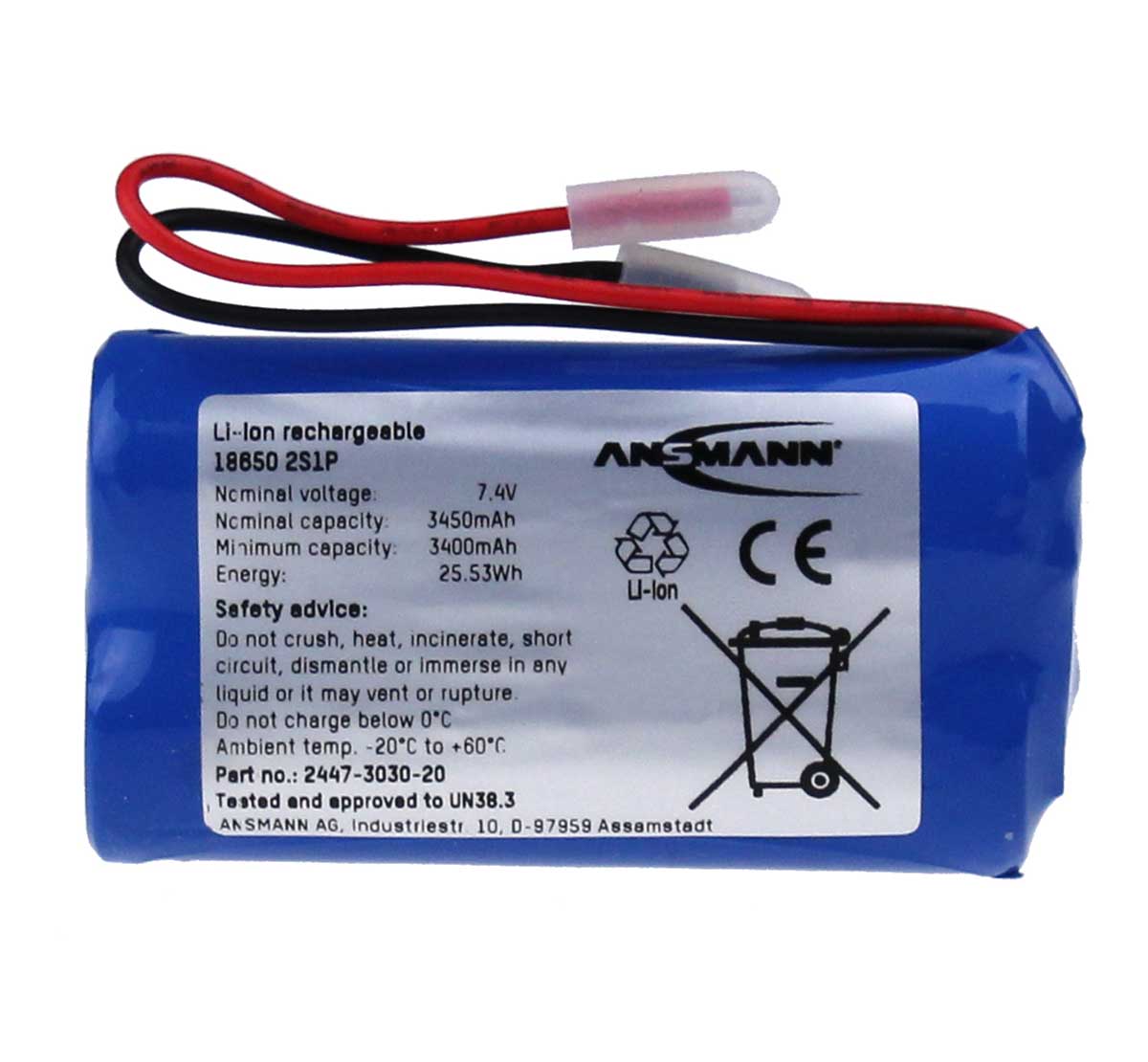 Ansmann Industrial 2S1P 7.4V 3450mAh High Capacity Rechargeable Li-ion Battery Pack